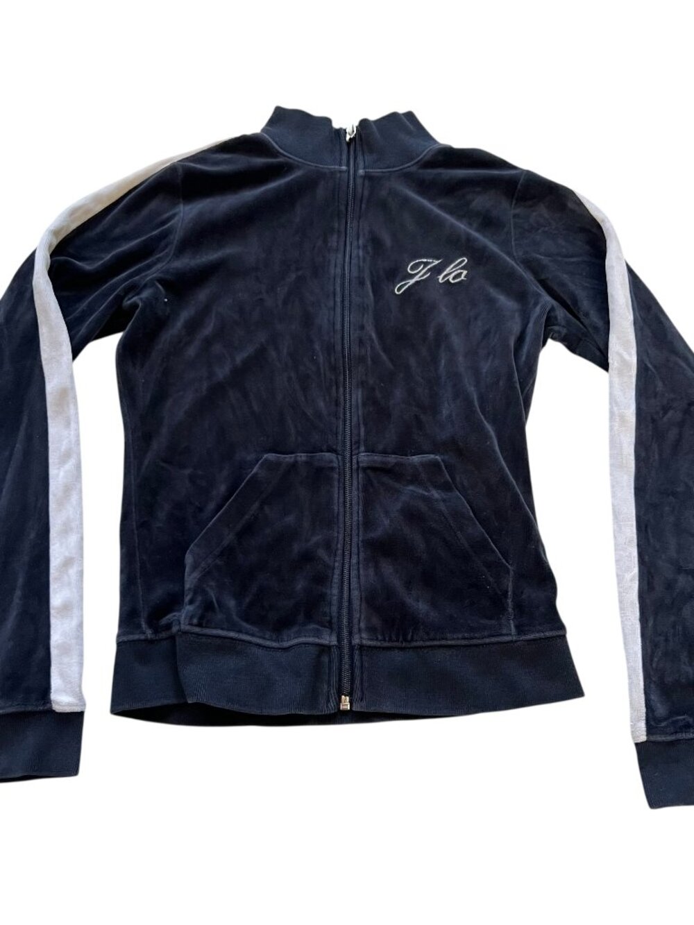 JLO by Jennifer Lopez track jacket navy blue velour white stripe medium fitted